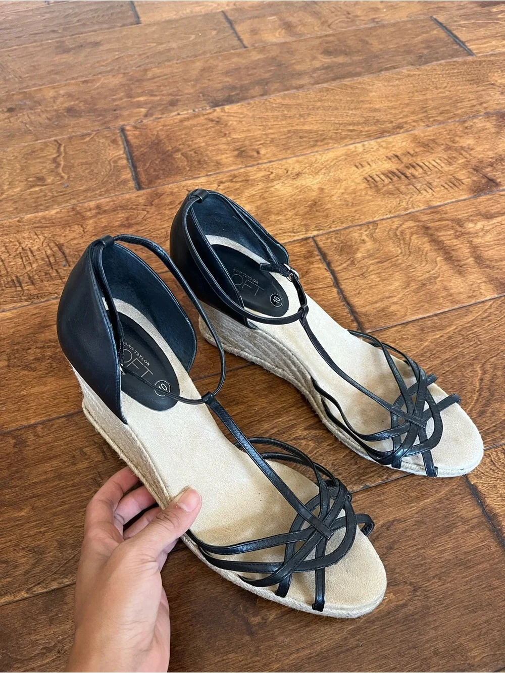 LOFT Black Strappy T‑Bar Espadrille Wedges